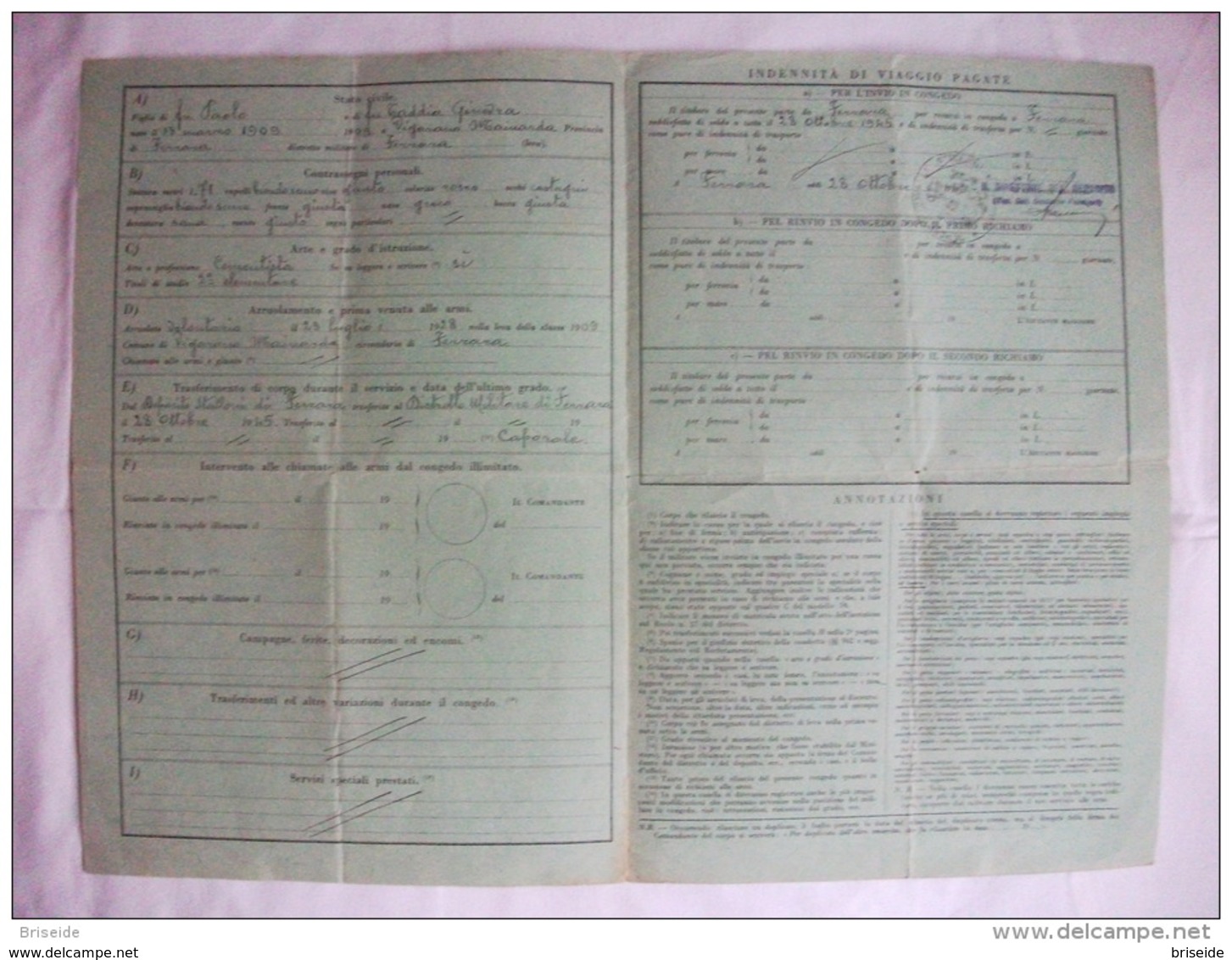 *PREZZO SCONTATO" FOGLIO DI CONGEDO ILLIMITATO REGIO ESERCITO ITALIANO FERRARA DEPOSITO CAVALLI STALLONI 1945 - Documenti