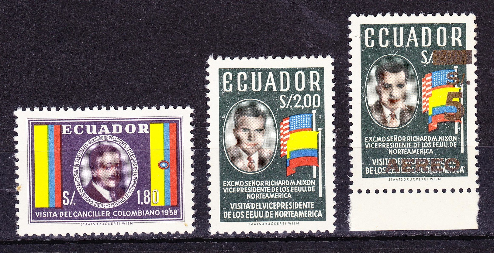 ECUADOR 1958-1969 POLITICIANS VISITS CARLOS SANZ & RICHARD NIXON + ERROR SURCHARGED DISPLACED MNH SC# 638-639 C460 - Ecuador