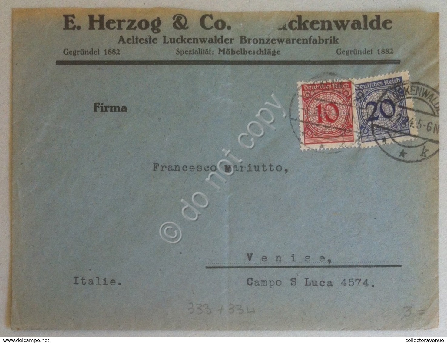 Storia Postale Deutsche Reich 1925 - 10 E 20 Pfg Su Lettera Luckenwalde Venezia - Non Classificati