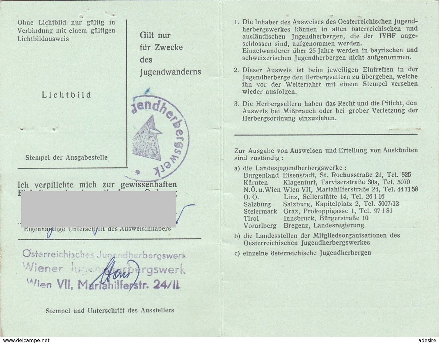 MITGLIEDSAUSWEIS Der Ö-JUGENDHERBERGSWERK 1961 Mit Marke Zell Am See, Bild Entfernt - Historical Documents