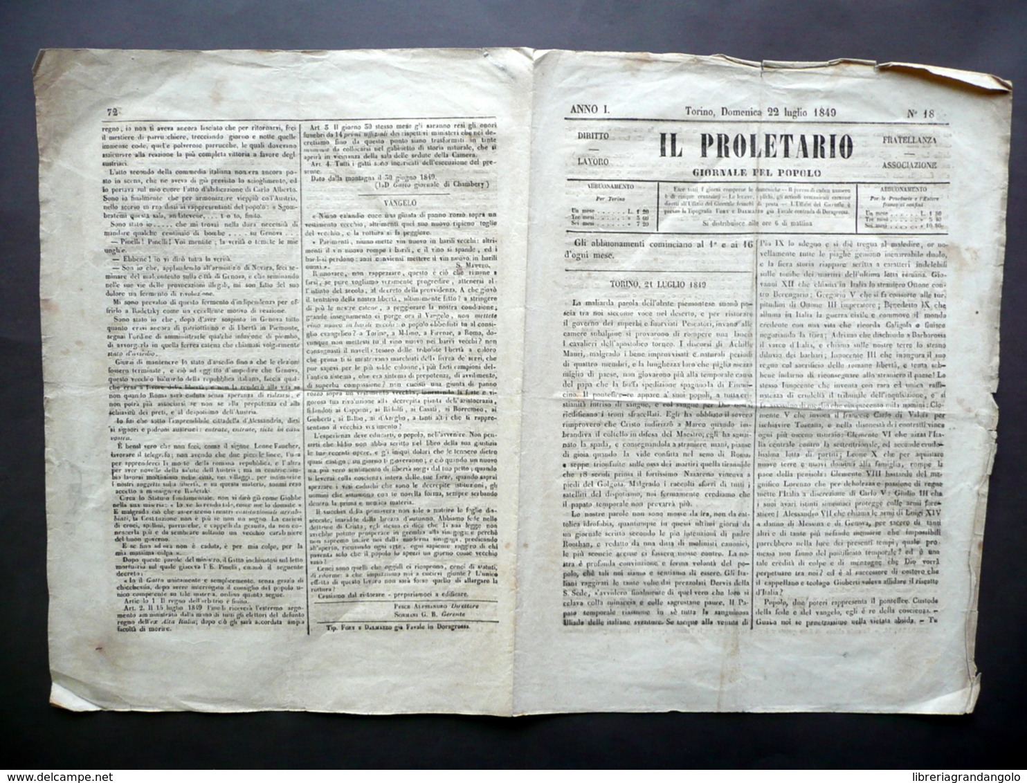 Il Proletario Giornale Anno I N. 18 Torino 22/7/1849 Risorgimento Storia - Non Classificati