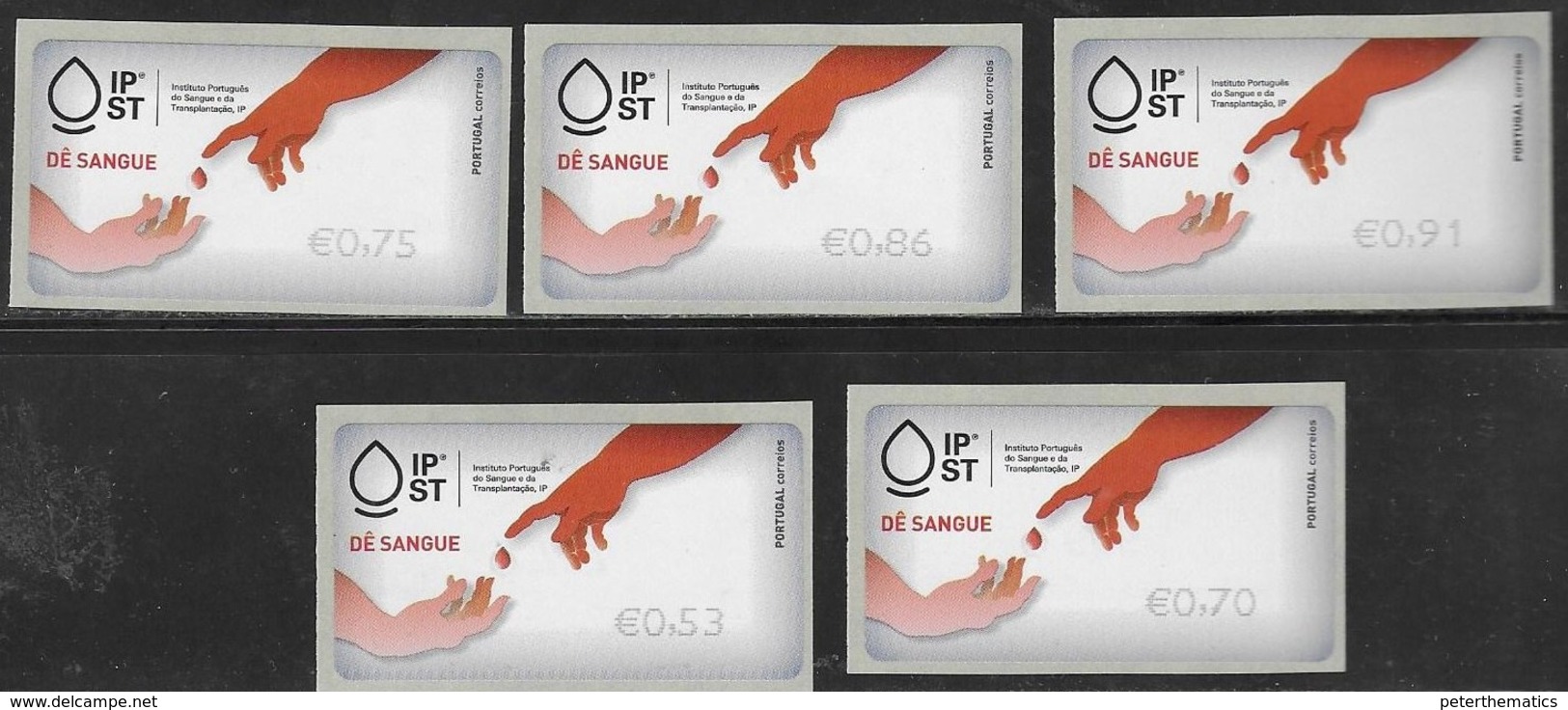 PORTUGAL, 2019, MNH, ATM LABELS, HEALTH, BLOOD DONATION, TYPE III, 5v - Other & Unclassified