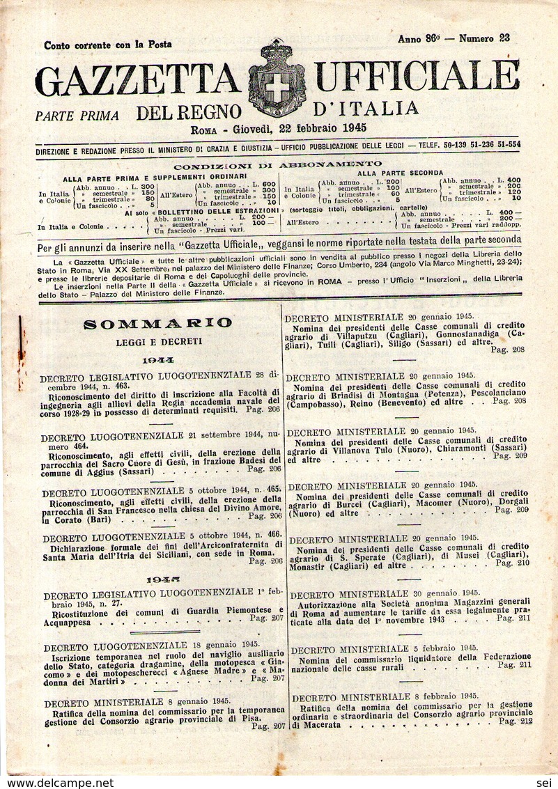 B 2558  -  Gazzetta Ufficiale Del Regno D'Italia,  1945 - Decreti & Leggi