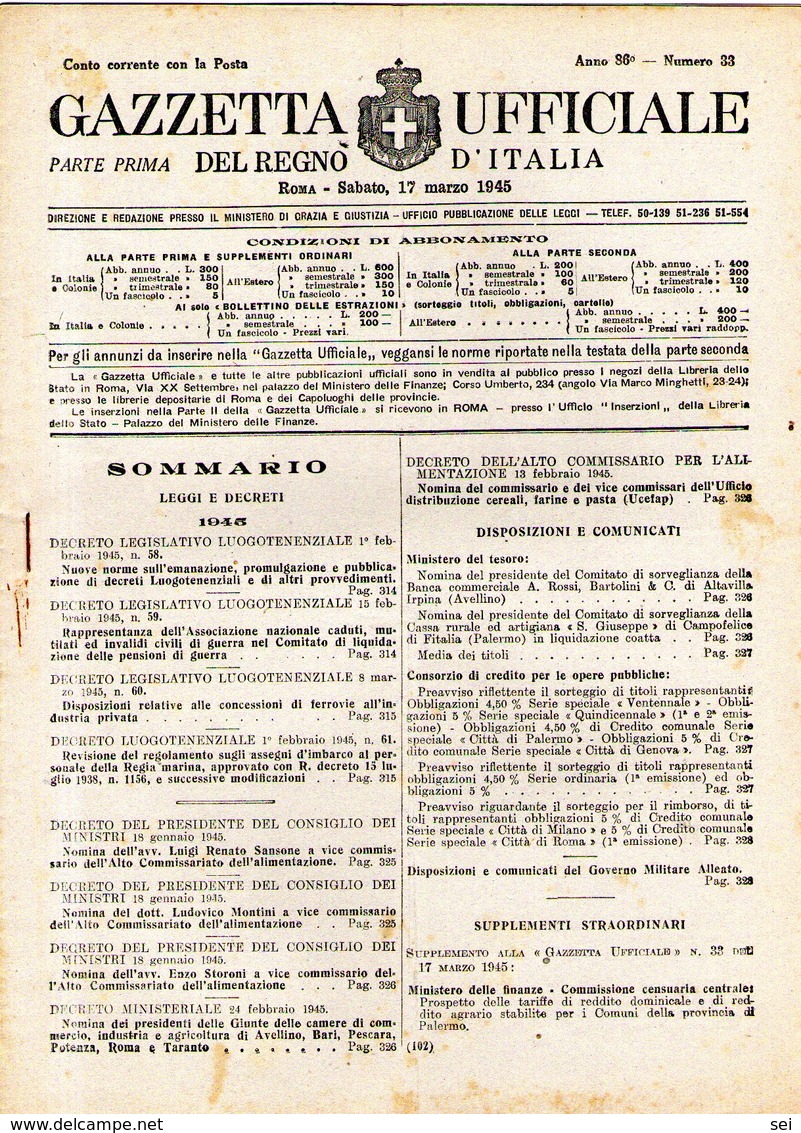 B 2559  -  Gazzetta Ufficiale Del Regno D'Italia,  1945 - Decreti & Leggi