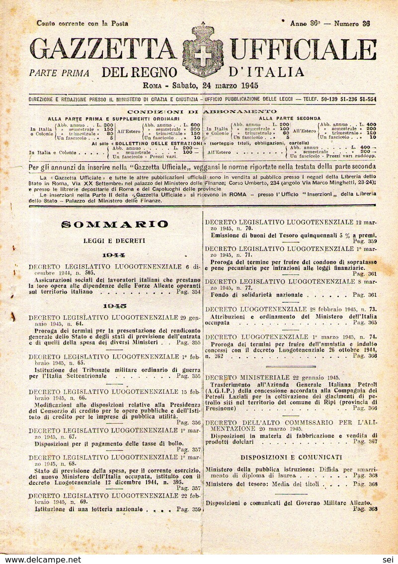 B 2560  -  Gazzetta Ufficiale Del Regno D'Italia,  1945 - Decreti & Leggi