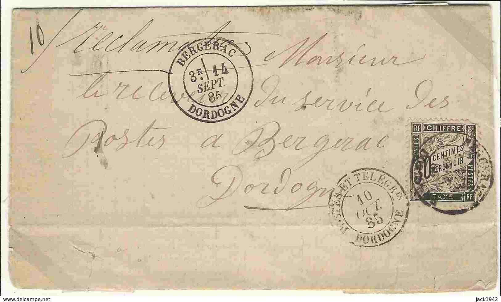 1885 - Lettre NA De Lalinde Taxée 30c Duval à Bergerac Dordogne - Réclamation Détaxée : Cachet Postes Et Télég. Dordogne - 1859-1959 Covers & Documents