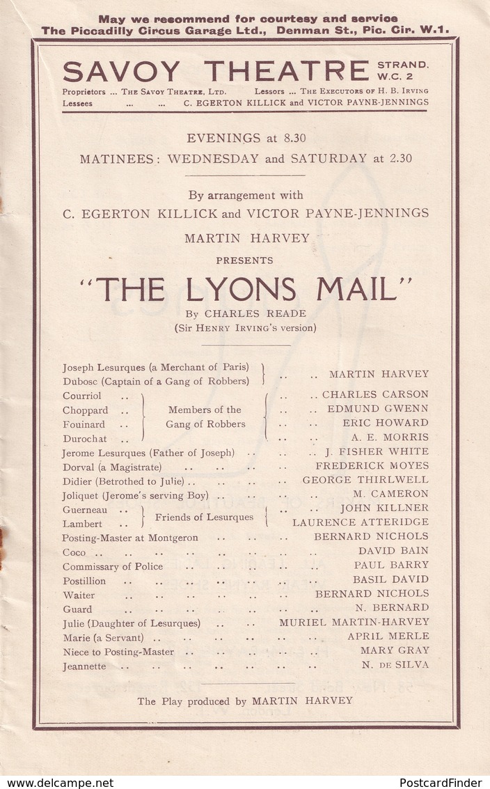 Martin Harvey The Lyons Mail Savoy Theatre Drama Programme - Programmi