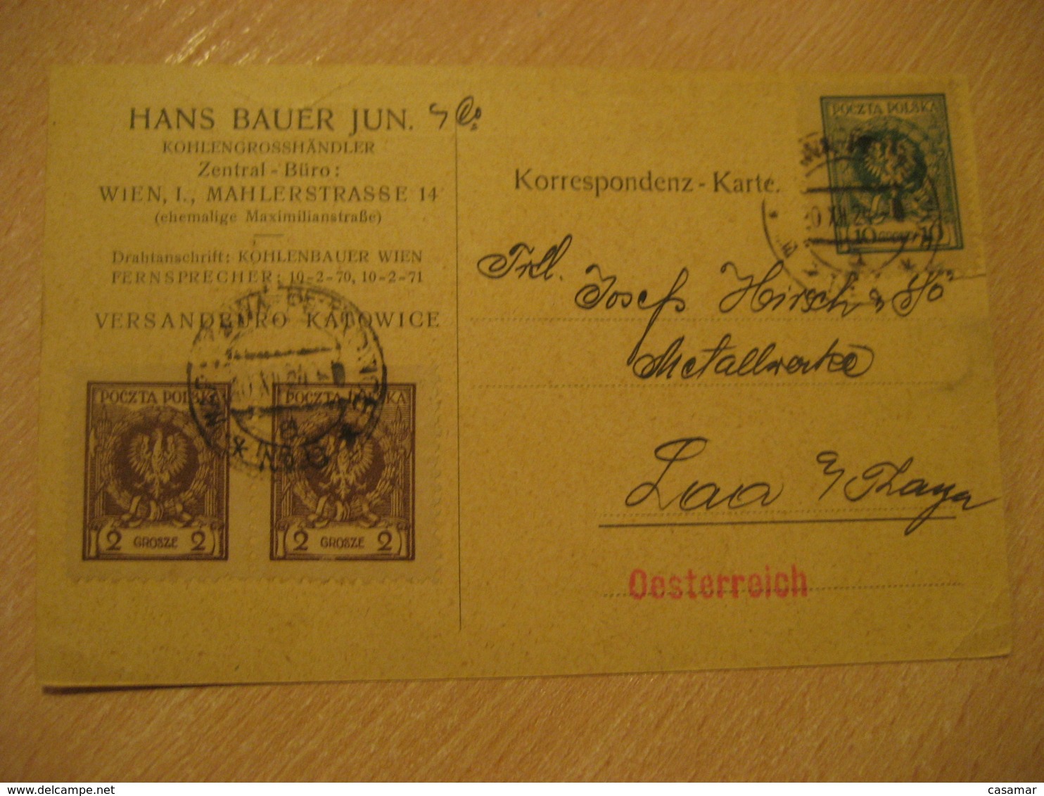 KATOWICE 1924 3 Stamp On Card POLAND - Covers & Documents