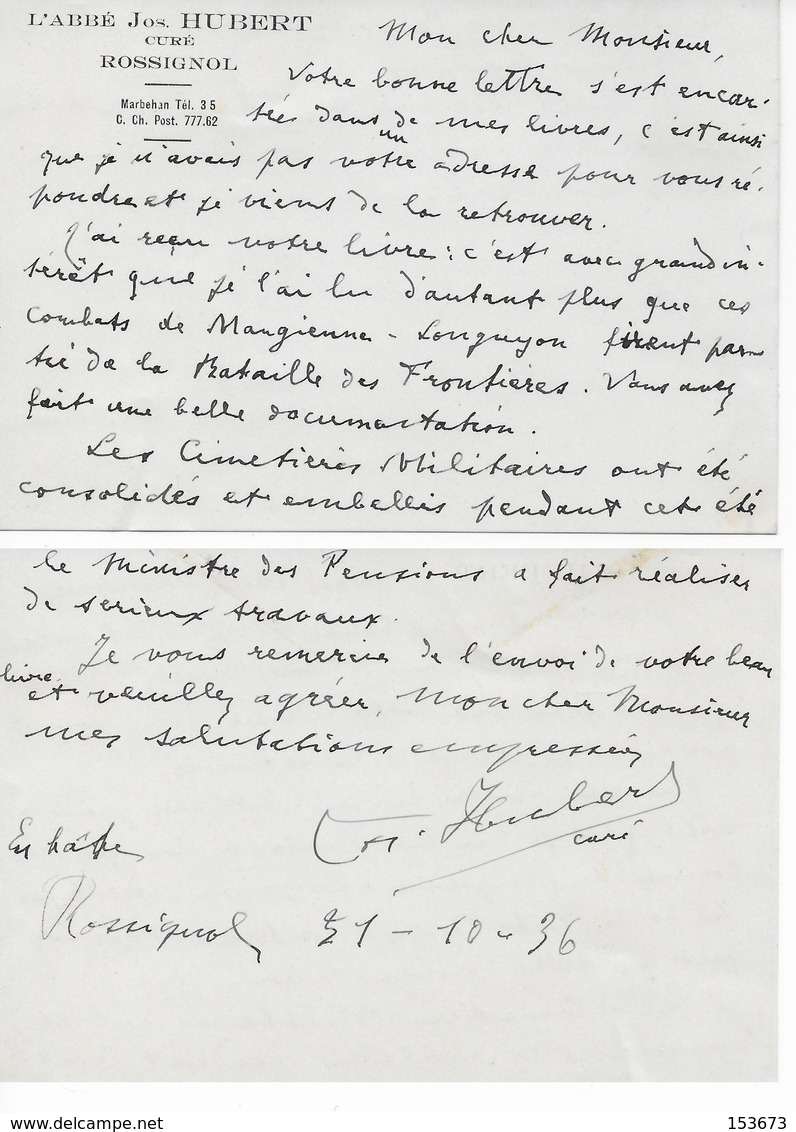 Lettre Belgique 1936 Cachet MARBEHAN Au Sujet Des Fusillés De ROSSIGNOL Et D'ARLON En Août 1914 - Otros & Sin Clasificación