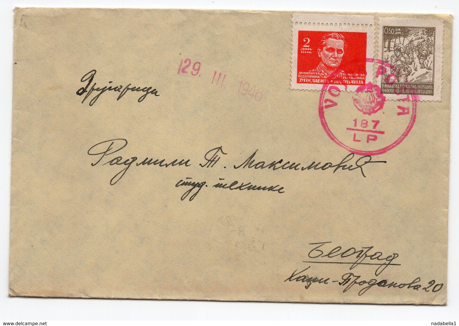 1946 YUGOSLAVIA, SLOVENIA, RED CANCELLATION, SERBIA, MILITARY POST TO BELGRADE, RED CENSORED STAMP MARK, TITO - Covers & Documents