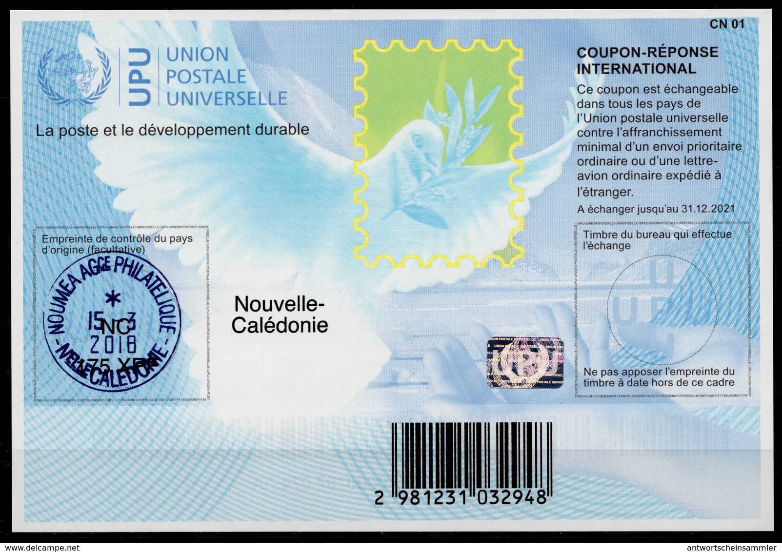 NOUVELLE CALÉDONIE Is40A 175XPF  20170901 AA  International Reply Coupon Reponse Antwortschein IRC IAS Hologram O NOUMEA - Ganzsachen