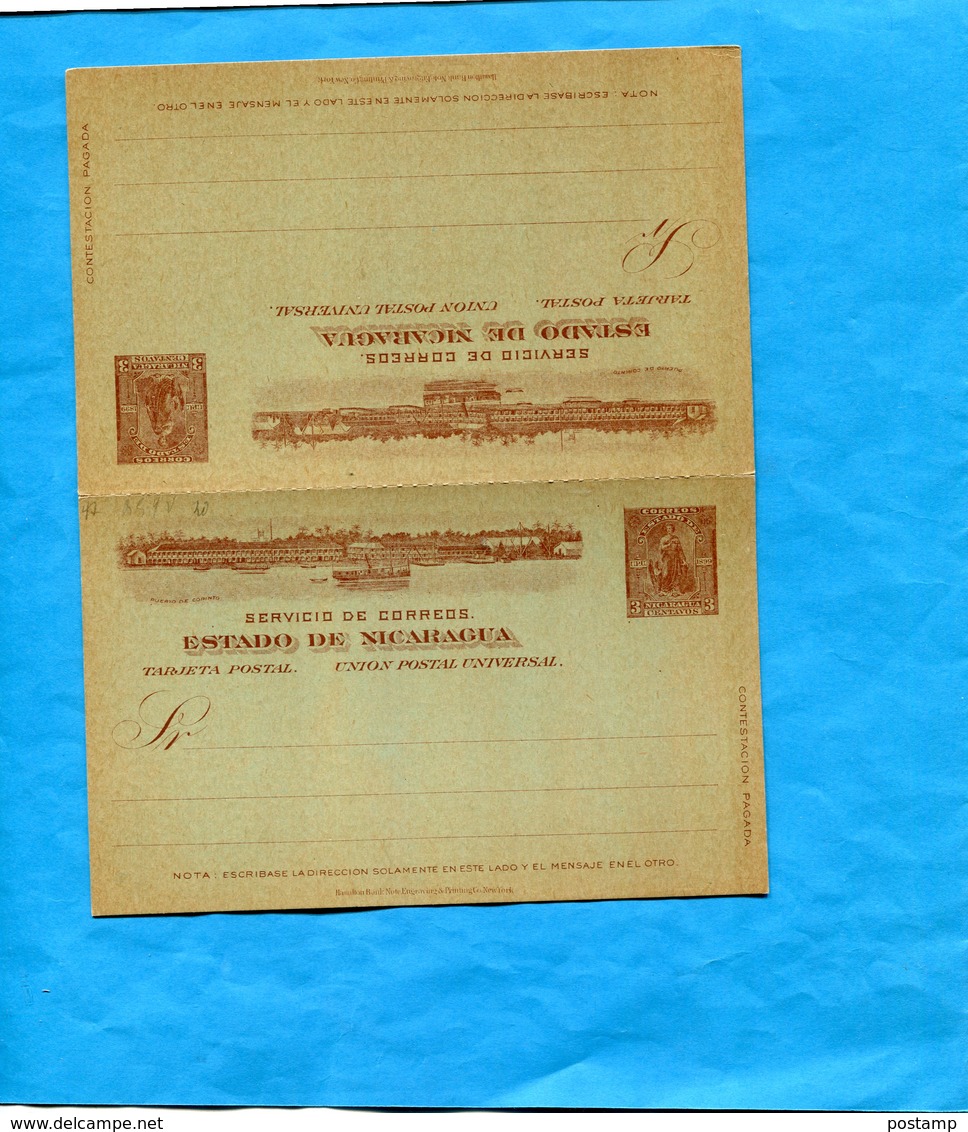 NICARAGUA--Carte Entier Postal Stationnery-neuf-illustré Porto De Corinto- Con  Respuesta-  1899- U P U-3 C Brun - Nicaragua