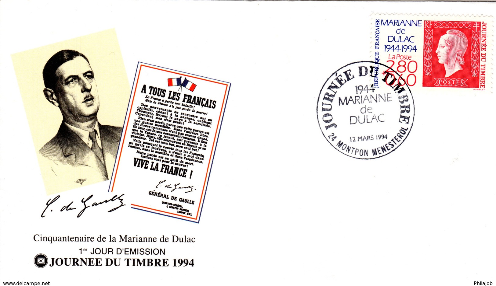 " 50 ANS DE LA MARIANNE DE DULAC " Sur Enveloppe 1er Jour. N° YT 2863. Parfait état. FDC - De Gaulle (Général)