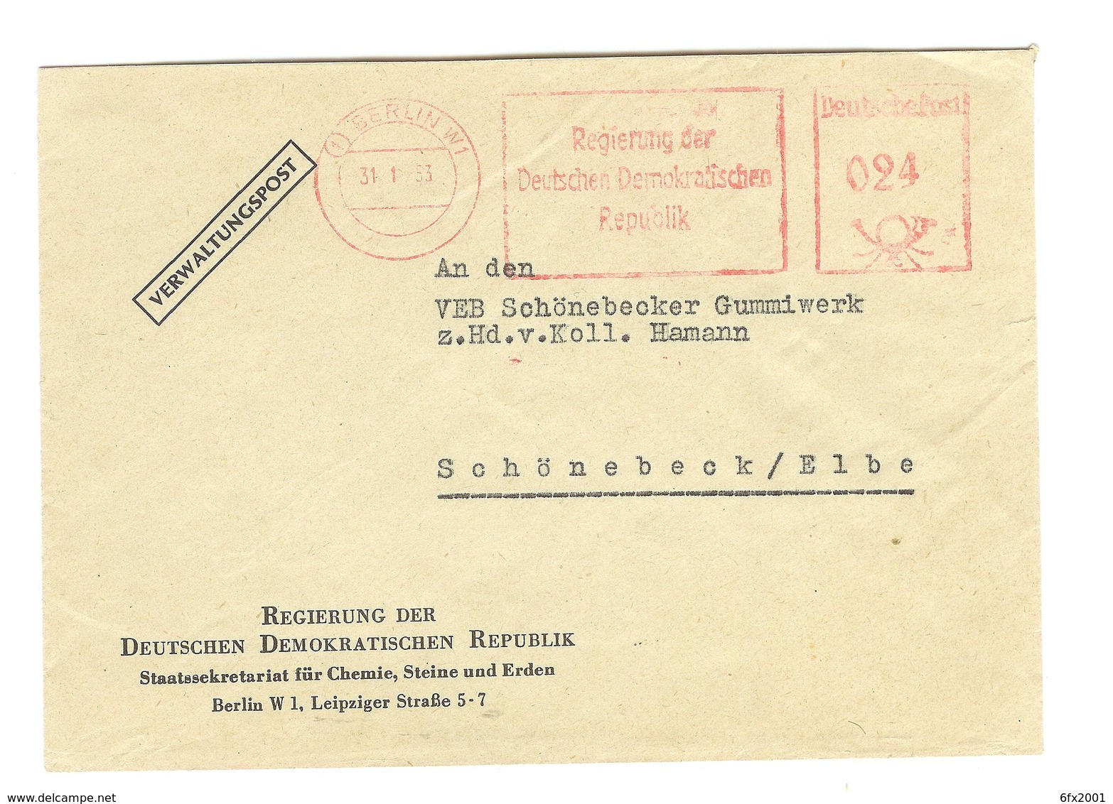 Verwaltungspost AFS 31.1.53 "Regierung Der DDR" Berlin W1, Chemie, Steine Und Erden - Other & Unclassified