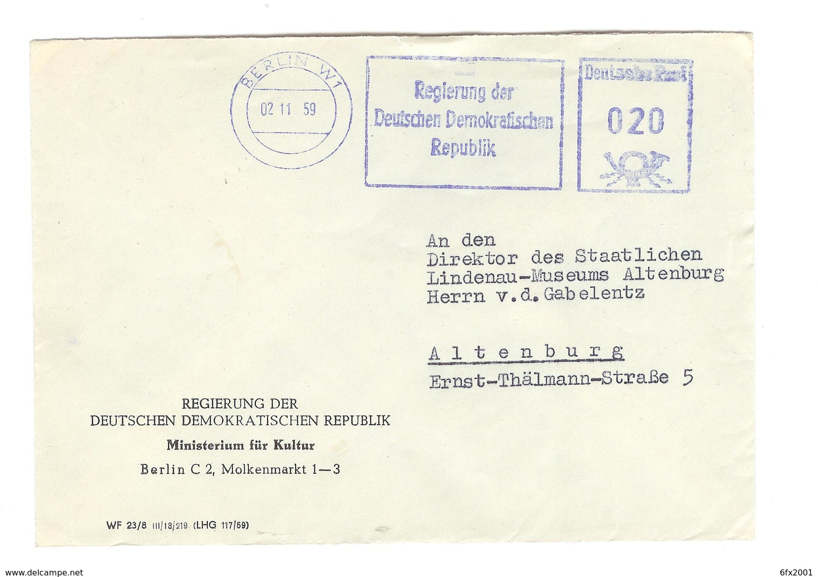 Verwaltungspost AFS 02.11.59 "Regierung Der DDR" Berlin W1, Min. F. Kultur - Other & Unclassified