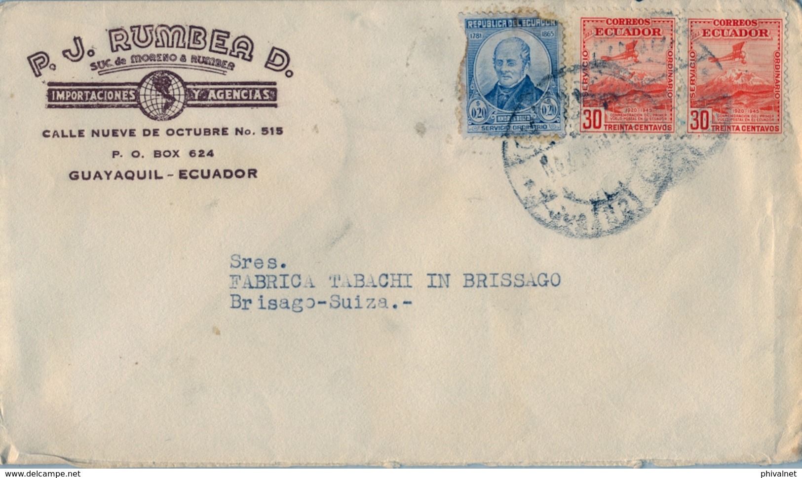 1945 , ECUADOR , SOBRE COMERCIAL CIRCULADO , GUAYAQUIL - BRISSAGO - Ecuador