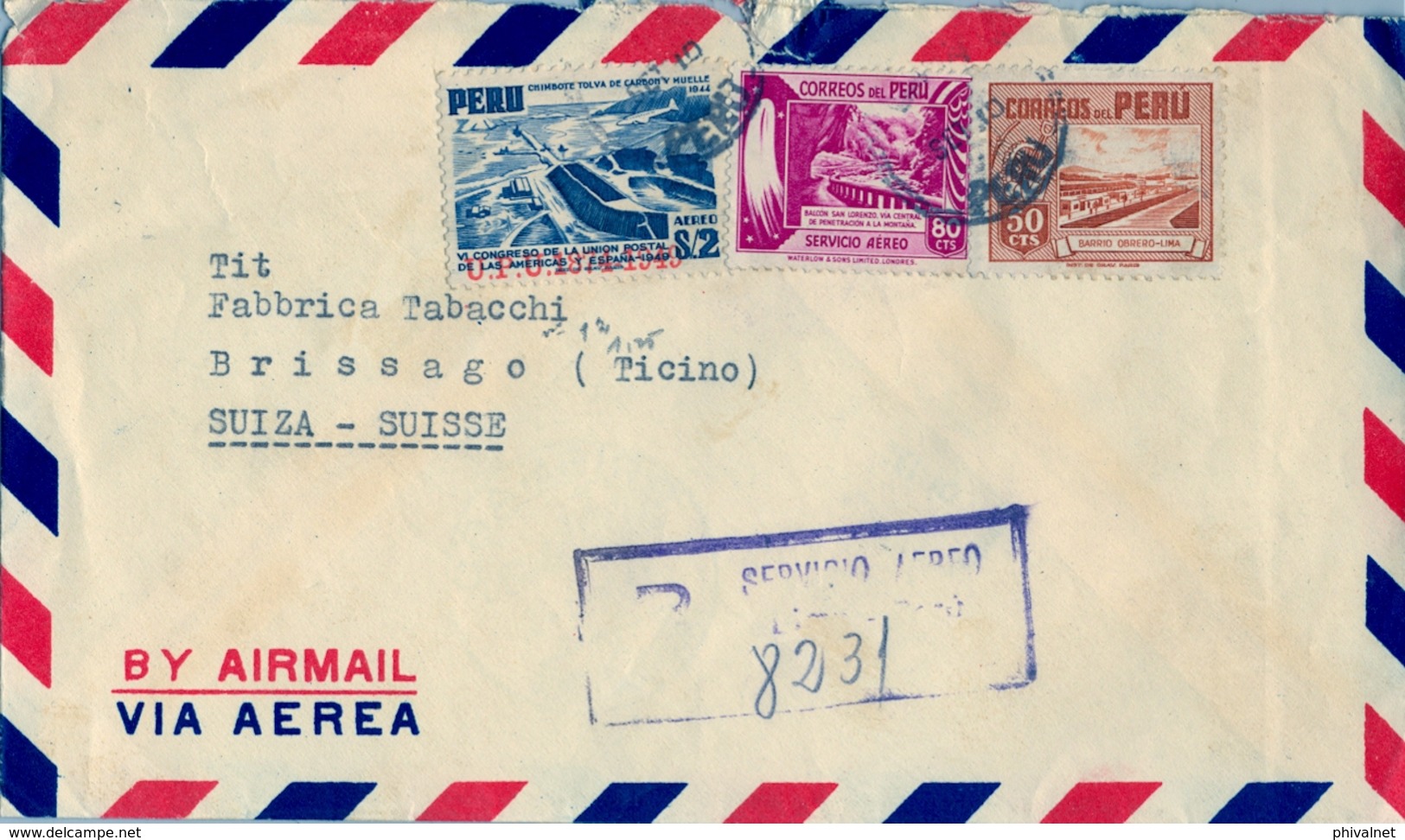 1951 , PERÚ , SOBRE CERTIFICADO ENTRE LIMA Y BRISSAGO , LLEGADA AL DORSO ( LAGO MAGGIORE ) - Peru