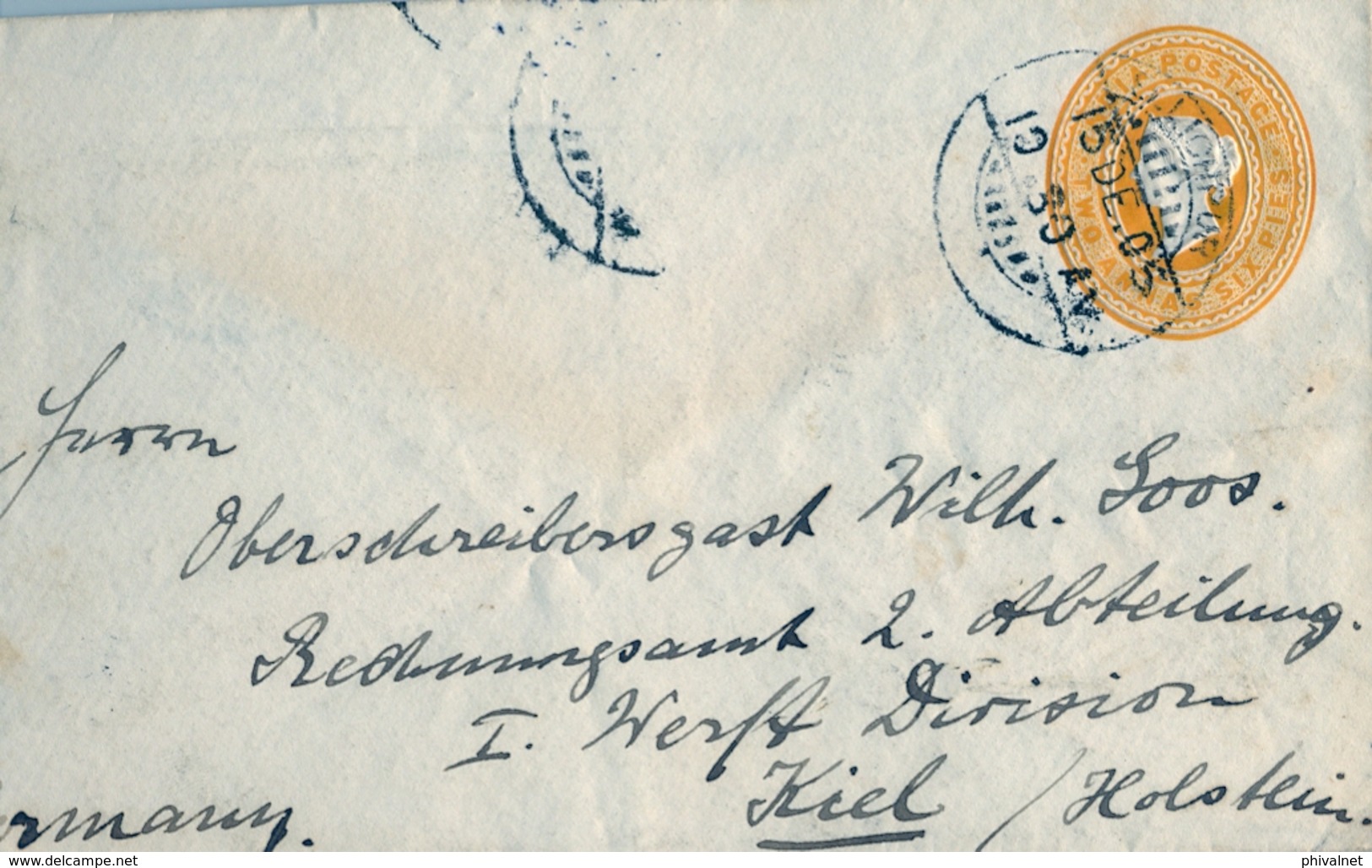 1905 , INDIA , SOBRE ENTERO POSTAL , ELLICHPUR - KIEL , LLEGADA , TRÁNSITOS " S.F.A. - POST OFFICE  " - Sobres