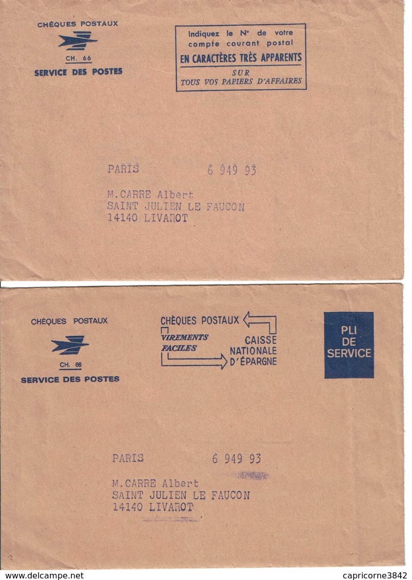 2 Enveloppes Des Chèques Postaux - Service Des Postes - Envoi En Franchise De Paris Pour Le Calvados - Civil Frank Covers