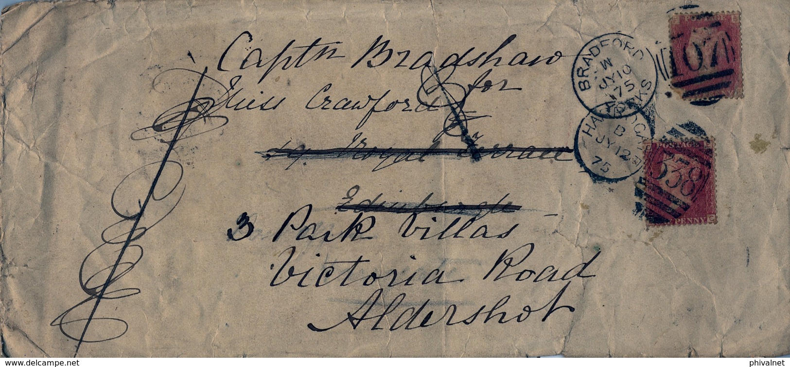 1875 , GRAN BRETAÑA , MAGNÍFICO SOBRE CIRCULADO , BRADFORD - EDINBURGH , REDIRIGIDO , HARROGATE - LEEDS - FARNBOROUGH ST - Lettres & Documents