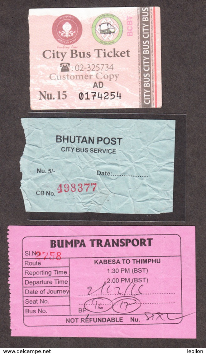 BHUTAN 2x Thimphu City BUS TICKET Of Nu 5 (~ 2008) And  Nu 15 (recent), Managed By Bhutan Post & 1x Kabesa -Thimphu - Wereld