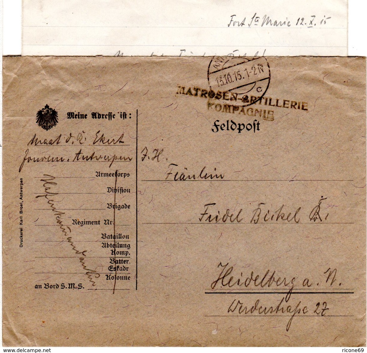 Belgien 1915, Brief V. Antwerpen M. Briefstempel MATROSEN-ARTILLERIE KOMPAGNIE - Sonstige & Ohne Zuordnung