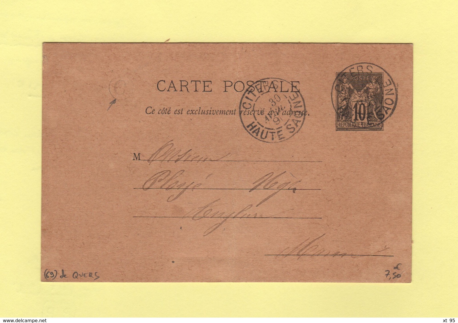 Citers - Haute Saone - 1891 - Boite Rurale C - Carte Ecrite A Quers - Type Sage - 1877-1920: Période Semi Moderne