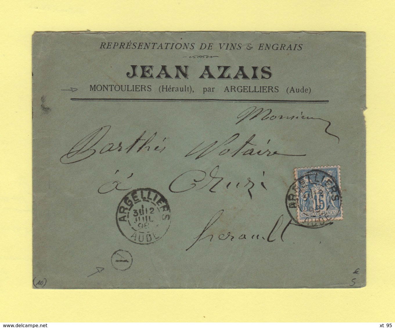 Argelliers - Aude - 1898 - Boite Rurale A De Montouliers - Enveloppe Sans Correspondance - Type Sage - 1877-1920: Semi-moderne Periode