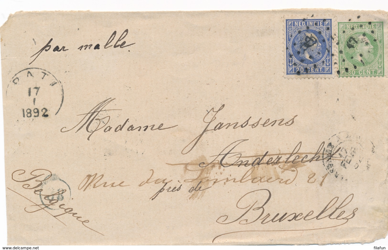 Nederlands Indië - 1892 - 20 & 30 Cent Willem III Op Coverfront Van PATI Naar Bruxelles / België - Niederländisch-Indien