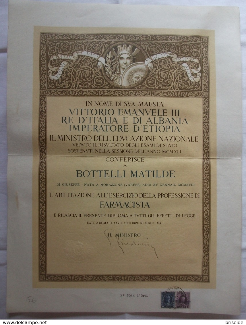 DIPLOMA DI ABILITAZIONE FARMACISTA IN NOME VITTORIO EMANUELE III RE D'ITALIA ALBANIA IMPERATORE D'ETIOPIA 1942 - Diploma & School Reports