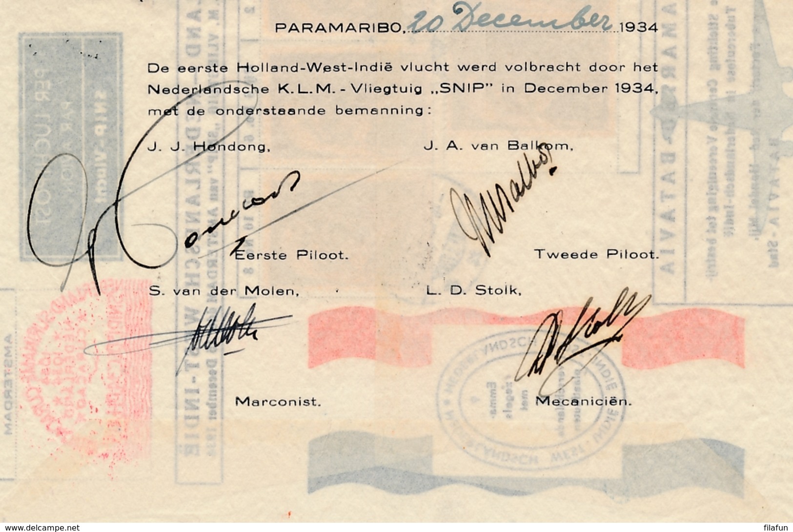 Nederlands Indië - 1934 - Snip Kerstvlucht Batavia - Paramaribo - SCVT Met Signatures Crew - Nummer 498 - Nederlands-Indië