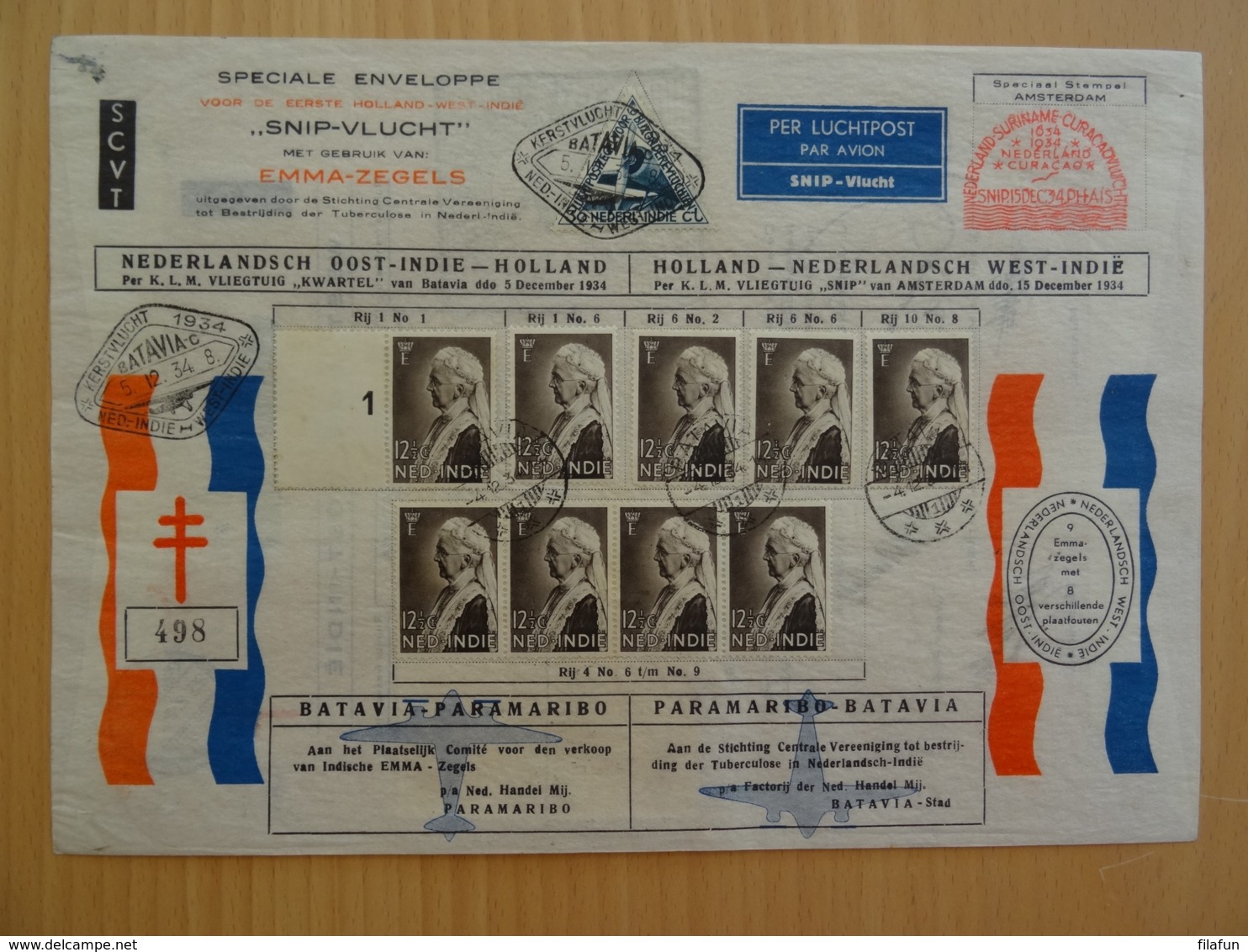 Nederlands Indië - 1934 - Snip Kerstvlucht Batavia - Paramaribo - SCVT Met Signatures Crew - Nummer 498 - Nederlands-Indië