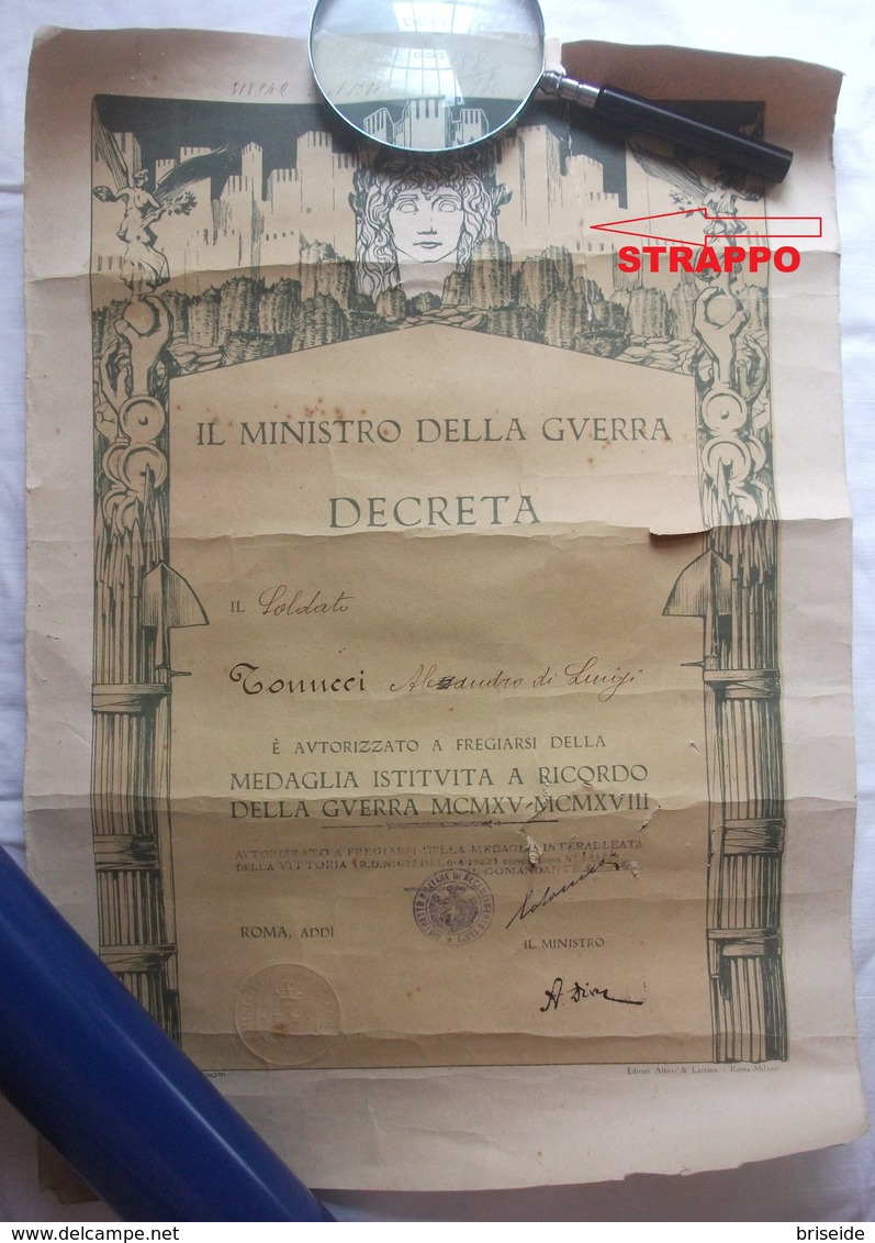 DIPLOMA (?) MINISTRO DELLA GUERRA RICORDO DELLA PRIMA GUERRA MONDIALE 1915 1918 DISEGNO DUILIO CAMBELLOTTI - Diplomi E Pagelle