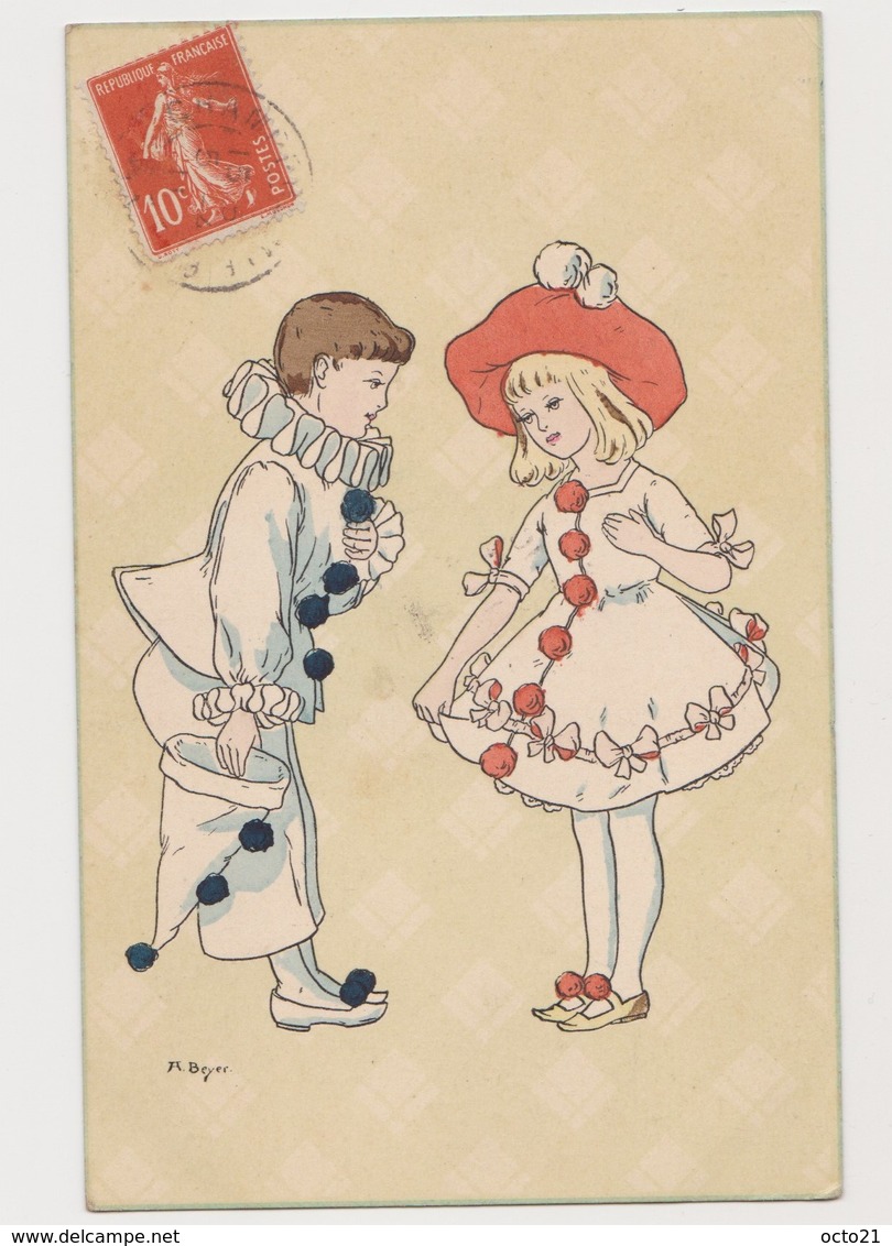 Carte Fantaisie Signée A.Beyer / Pierrot Et Fillette Habillée En Pierrot - Autres & Non Classés