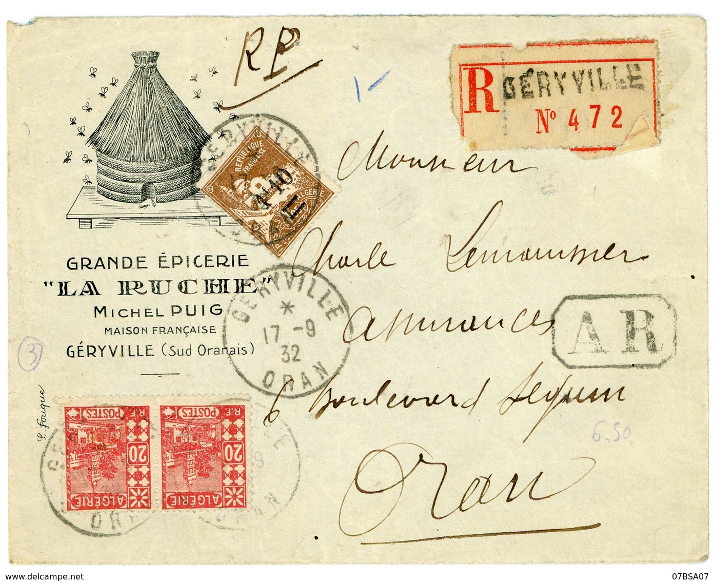 ALGERIE ENV ILLUSTREE GRANDE EPICERIE LA RUCHE 1932 GERYVILLE LETTRE LRECOMMANDEE AR SUPERBE - Lettres & Documents