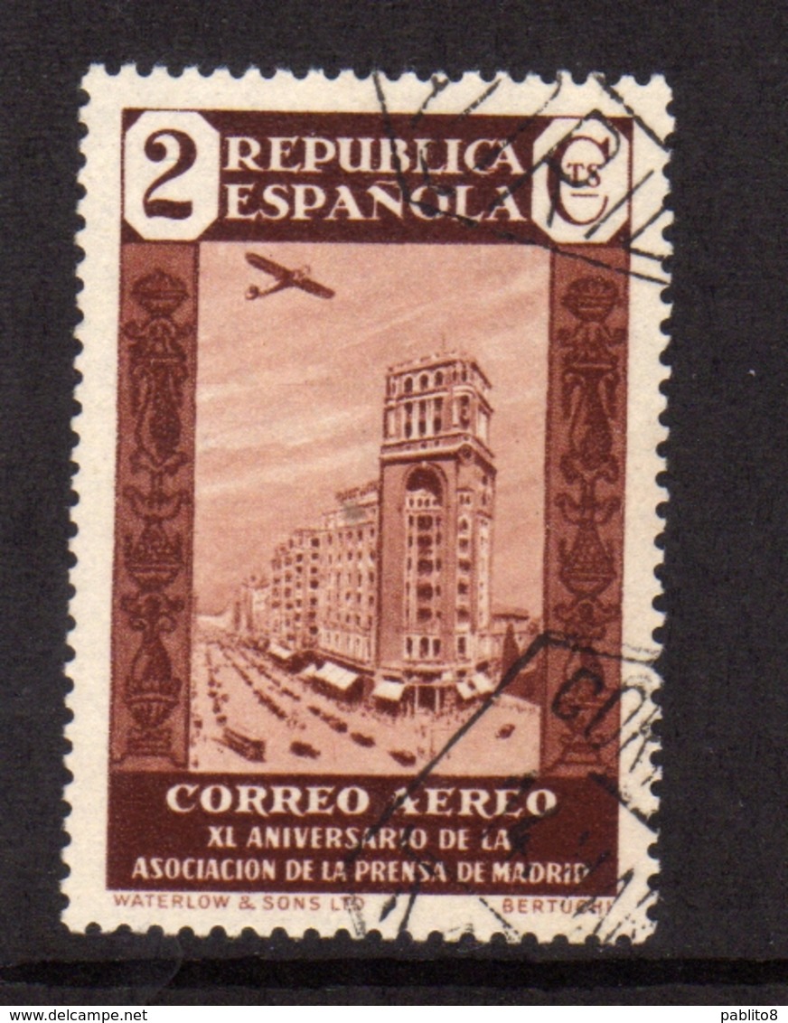 SPAIN ESPAÑA SPAGNA 1936 AIR MAIL CORREO AEREO PRESS BUILDING MADRID CENT. 2c USATO USED OBLITERE' - Usati