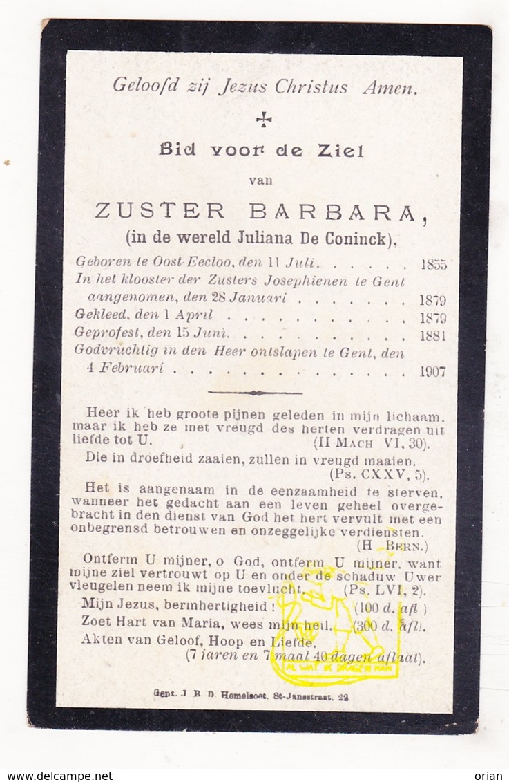 DP EZ Juliana De Coninck - Zr. Barbara ° Oosteeklo Assenede 1855 † Klooster Zrs. Josephienen Gent 1907 - Images Religieuses