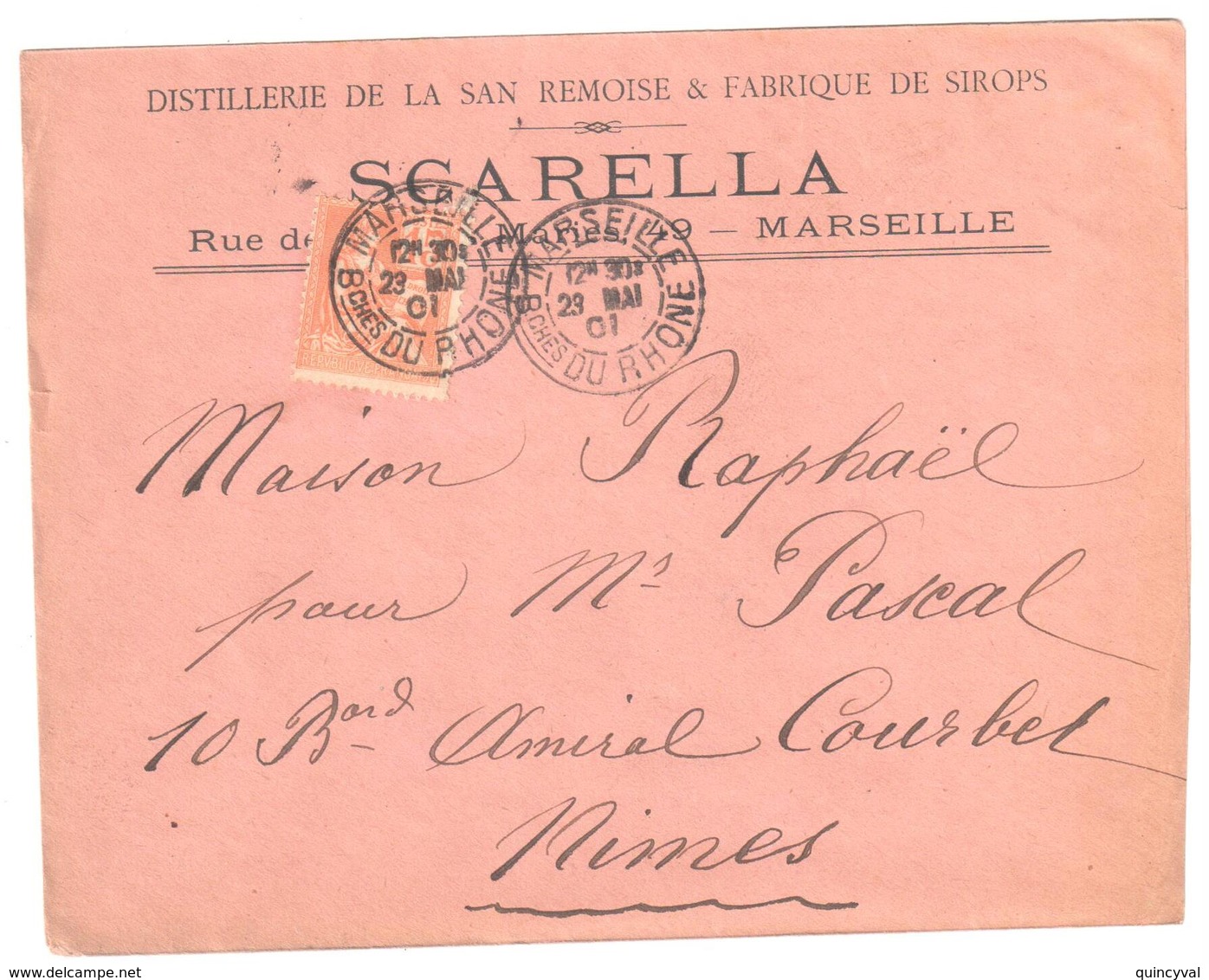 MARSEILLE Lettre Entête SCARELLA Distillerie San Remoise Fabrique SIROPS 15c Mouchon Yv 117 Ob 1901 - 1900-02 Mouchon