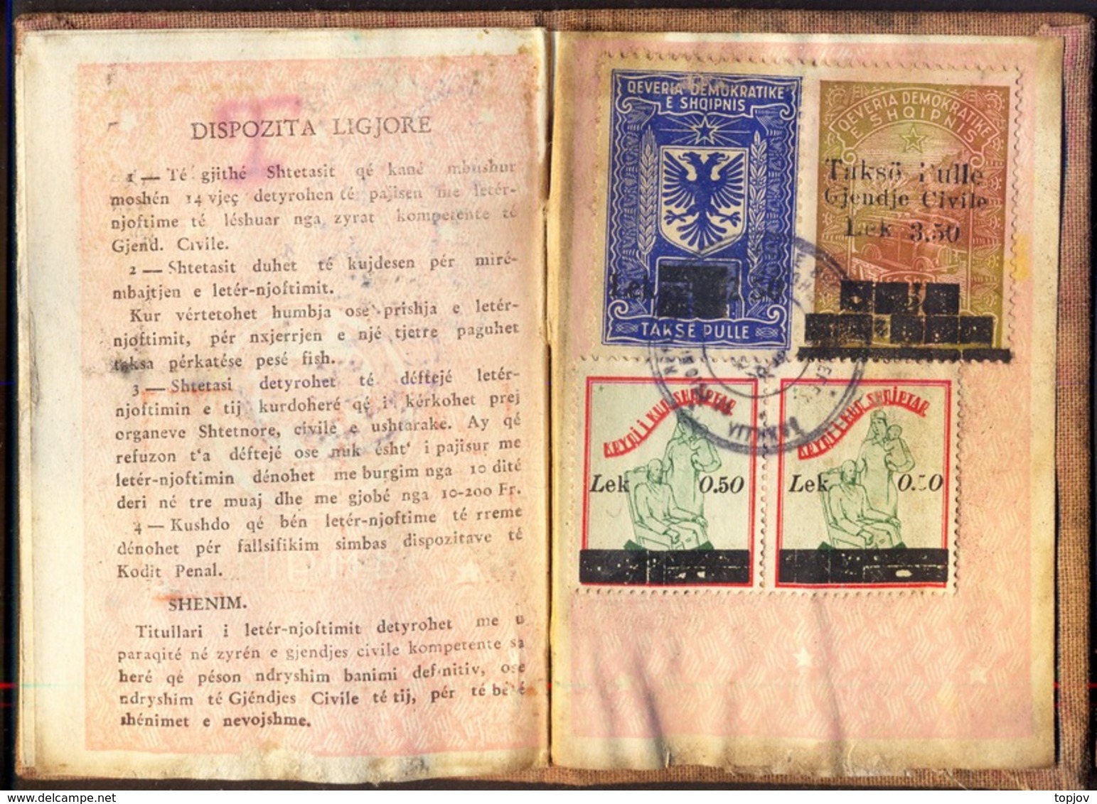 ALBANIA - REFUGEES CIVILE DOCUMENT + TAX  STAMPS - COMPLETE - 1947 - RARE - Refugees