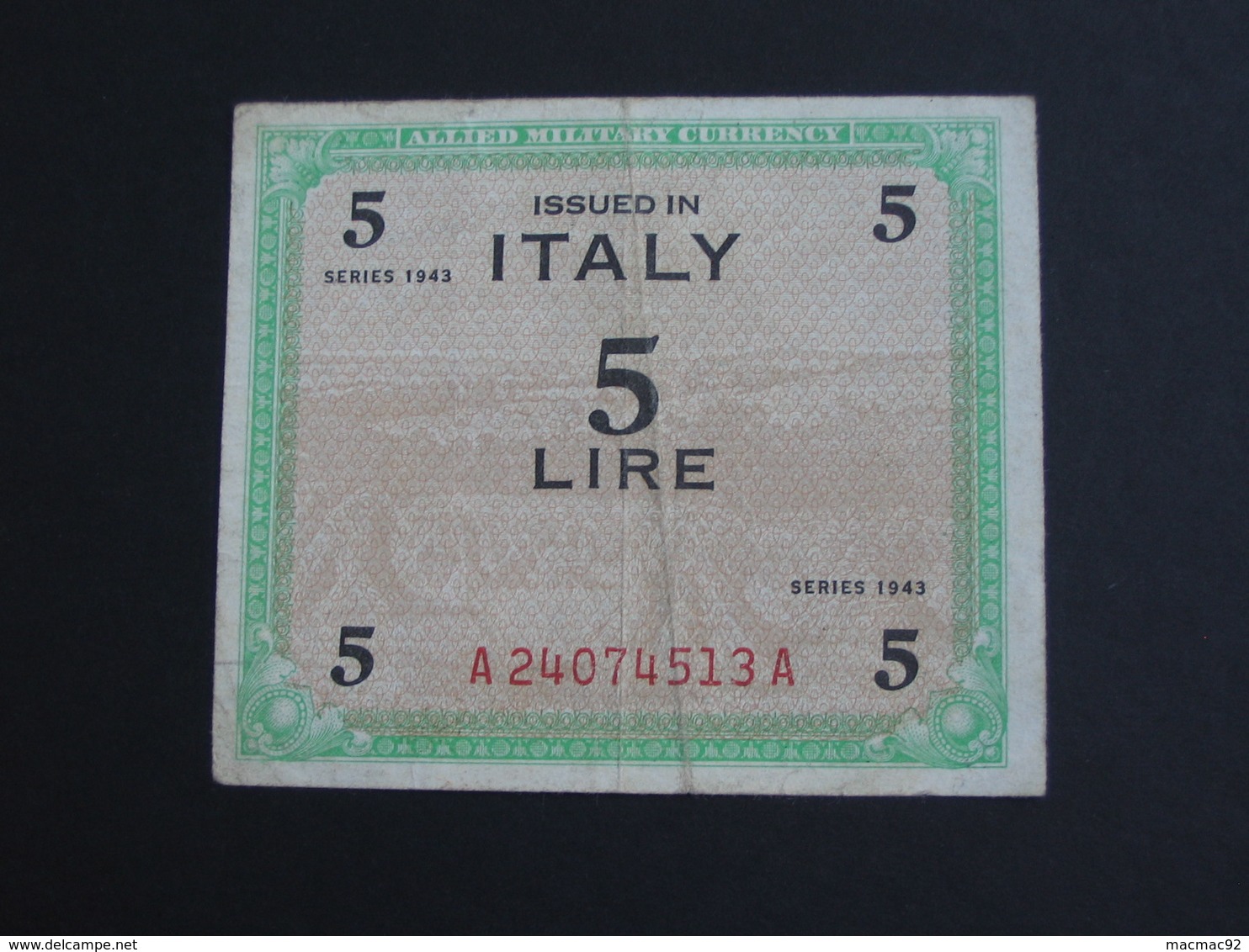 5 Cinco Lire Italy 1943 .- Allied Military Currency - Série 1943  **** EN ACHAT IMMEDIAT **** - Occupation Alliés Seconde Guerre Mondiale