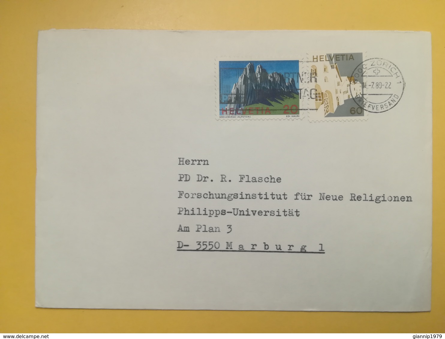 1980 BUSTA SVIZZERA HELVETIA SUISSE BOLLO EDIFICI PAESAGGI ANNULLO ZURICH ETICHETTA - Storia Postale