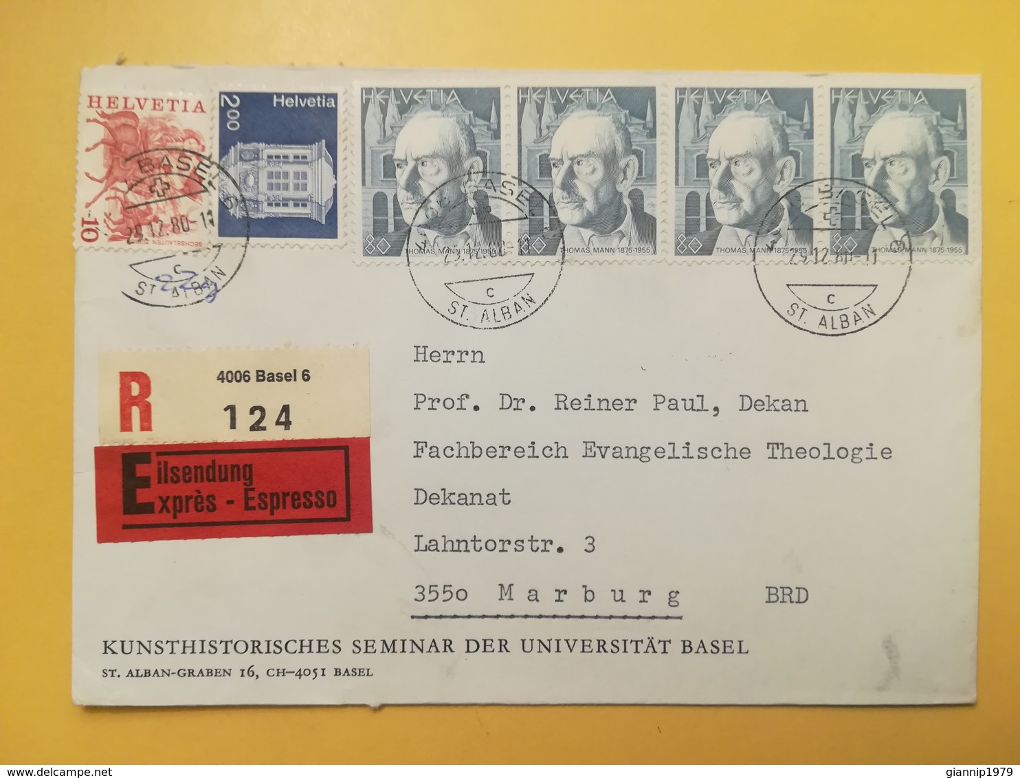 1980 BUSTA SVIZZERA HELVETIA SUISSE BOLLO EDIFICI PERSONAGGI ANNULLO BASEL ETICHETTA EXPRESS RACCOMANDATA RACCOMANDER - Storia Postale