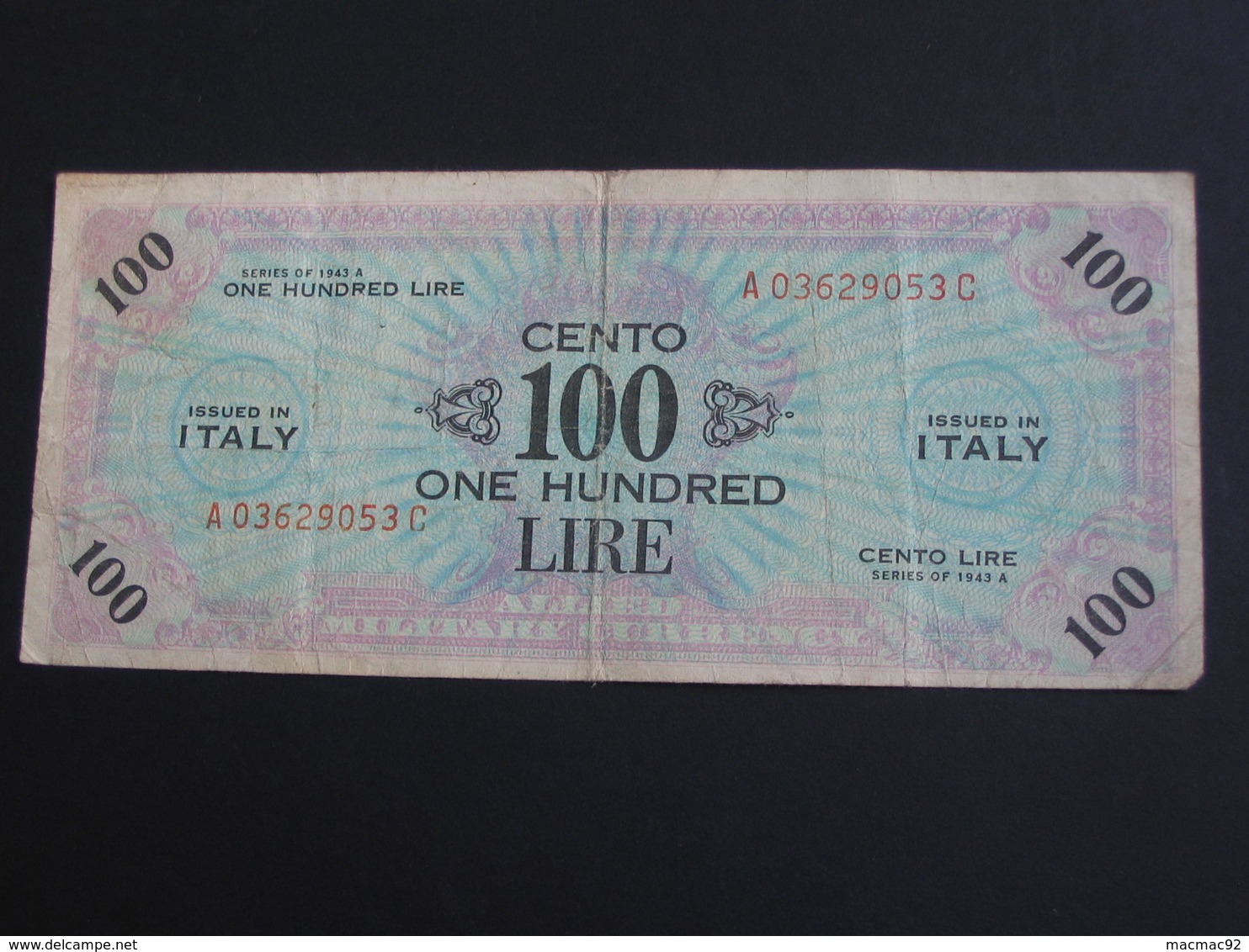 100 Cento  One Hundred Lire Italy 1943 A - Allied Military Currency - Série 1943  **** EN ACHAT IMMEDIAT **** - Ocupación Aliados Segunda Guerra Mundial