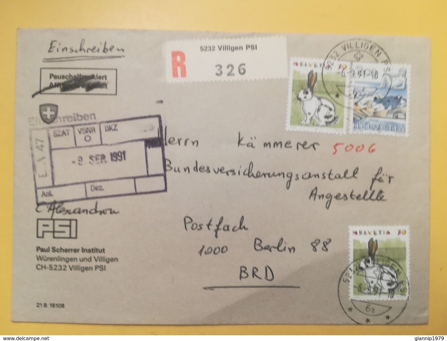 1991 BUSTA SVIZZERA HELVETIA SUISSE BOLLO ANIMALS SIMBOLS ANNULLO VILLIGEN ETICHETTA RACCOMANDATA TIMBRO EINSCHREIBEN - Storia Postale