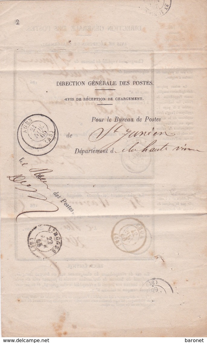 N° 21 S / Avis Chargement ( Complet )  T.P. Ob T 15 St Junien 20 Nov 65 - 1849-1876: Période Classique