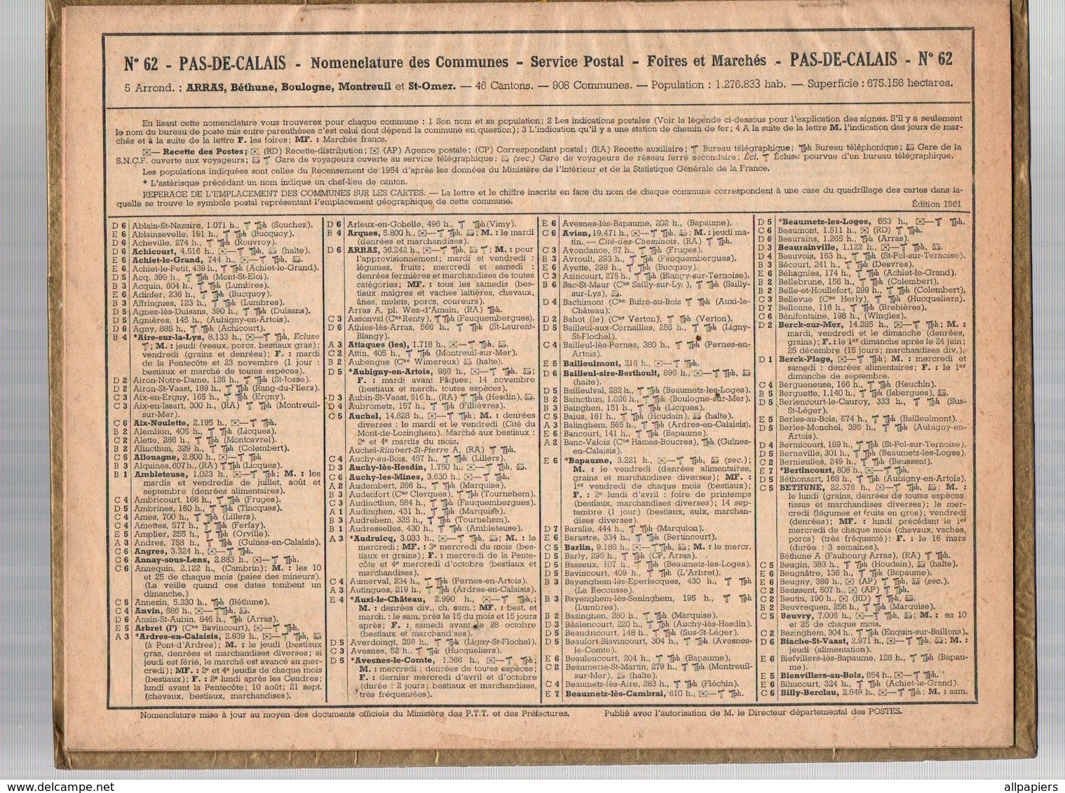 Calendrier Almanach Des P.t.t De 1961 Du Pas De Calais - Petit Format : 1961-70