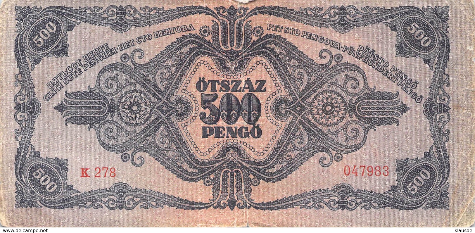 500 Pengö Ungarn 1945 VF/F (III) - Ungarn