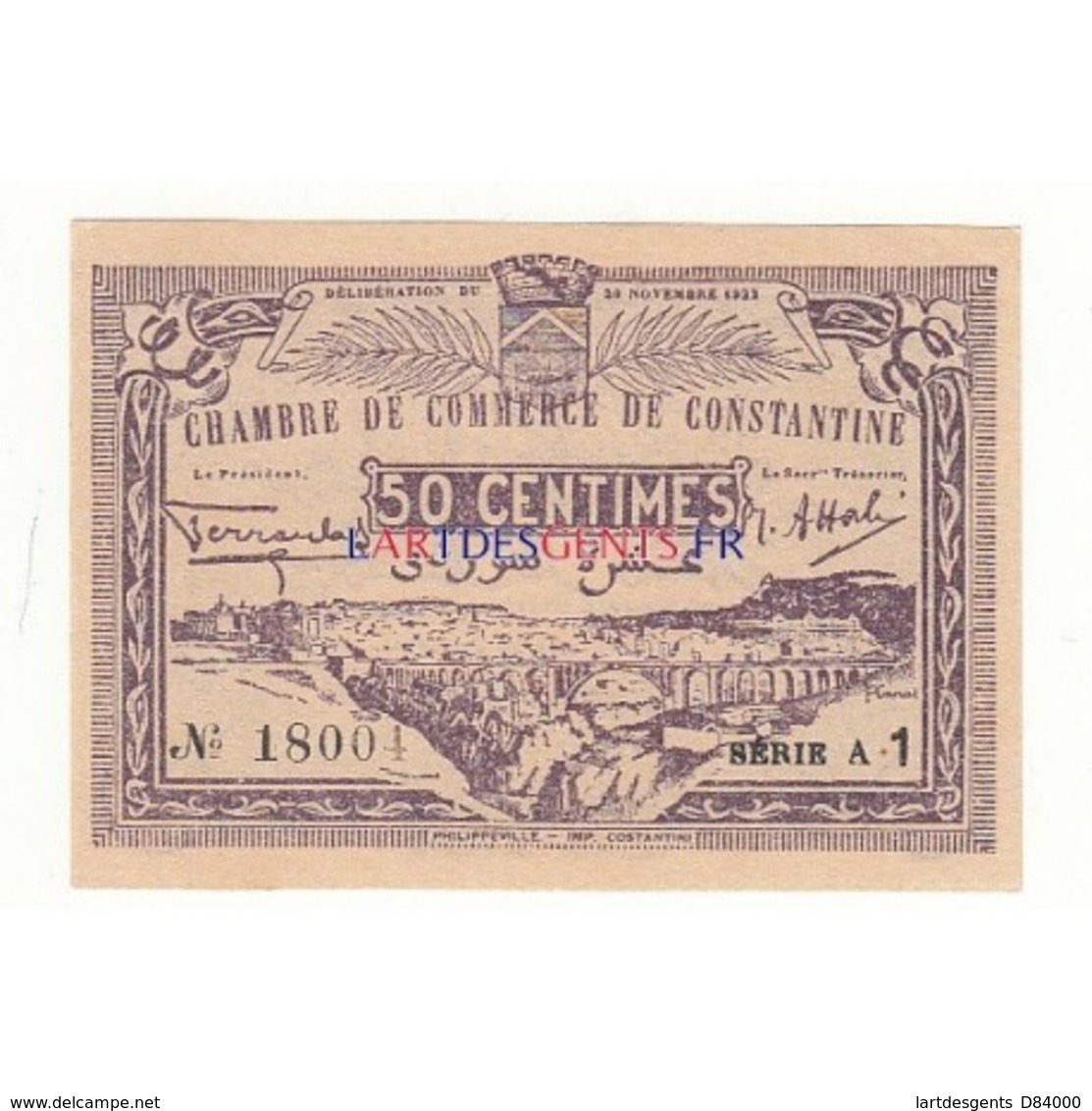 50 CENTIMES CHAMBRE DE COMMERCE DE CONSTANTINE 20-11- 1922  NEUF TRES RARE - Chambre De Commerce