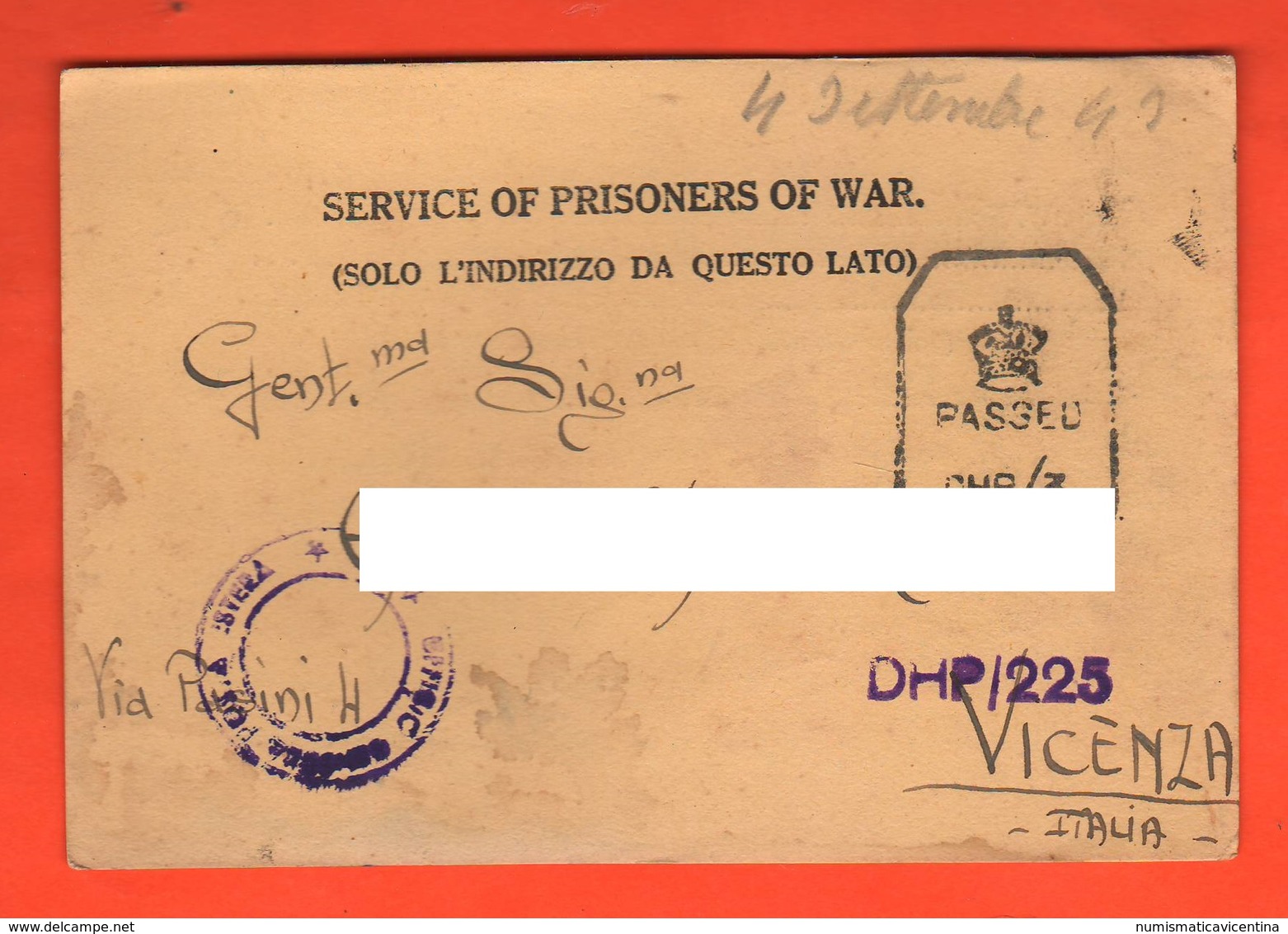 POW India Prisoners  Of War Prigionieri Di Guerra Prisonniers De Guerre From BOMBAY Camp To Vicenza 1943 - Documents