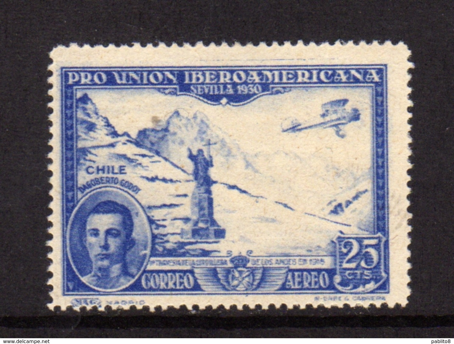 SPAIN ESPAÑA SPAGNA 1930 AIR MAIL CORREO AEREO DAGOBERTO GODOY PASS OVER ANDES CENT. 25c MLH - Nuovi